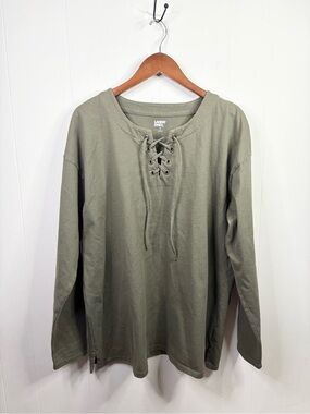Lands End green long sleeve lace up long line cotton t shirt size XL (18)